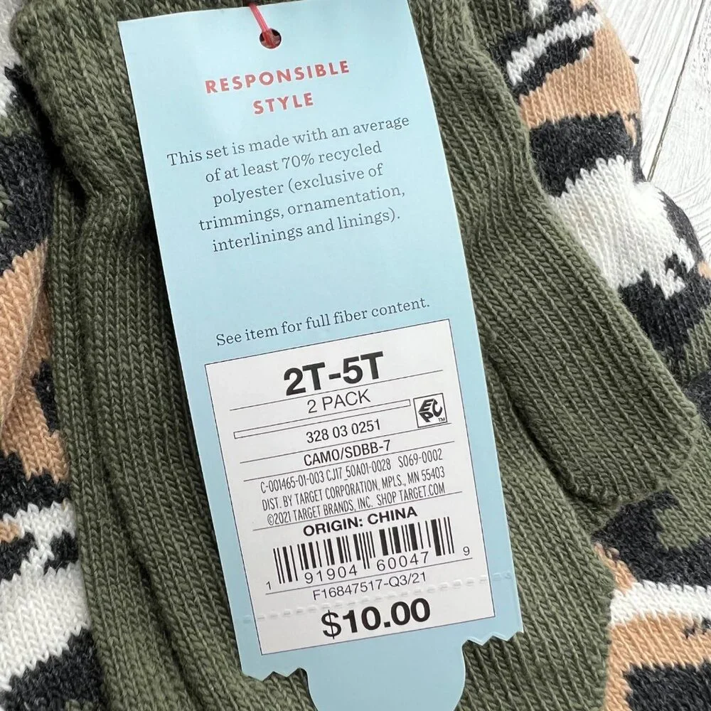 Cat & Jack Kids Dinosaur‎ Camo Beanie and Mittens Set Green Brown 2T-5T NEW